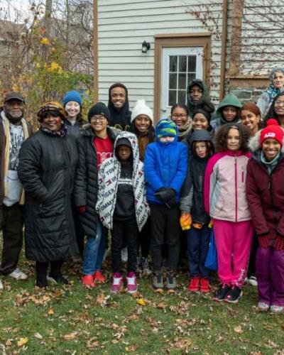 group of people outside of church